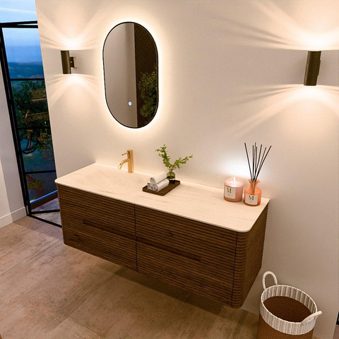 Mondiaz CIRO-DLUX Badkamermeubelset - 140x45x50cm - Solid surface wastafel Meli - 1 wasbak Links - 1 kraangat - 4 lades - Dusk SW1533162