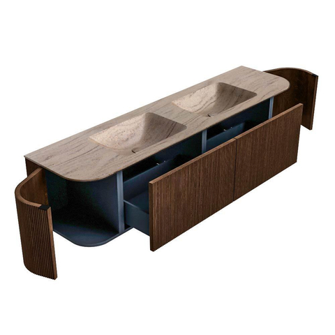MONDIAZ KURVE-DLUX Meuble de salle de bains 180cm arrondi Gauche + Droite couleur Walnut avec 2 tiroirs et 2 portes. Lavabo LEAF Double sans trou de robinet Saba. SW1433208
