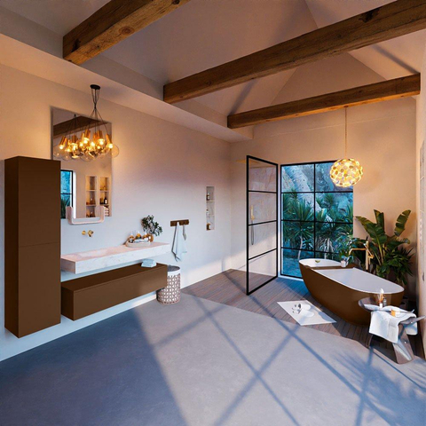 Mondiaz ALAN-DLUX Ensemble de meuble - 130cm - meuble Rust mat - 1 tiroir - Lavabo Cloud Ostra suspendu - vasque gauche - 0 trous de robinet SW807519