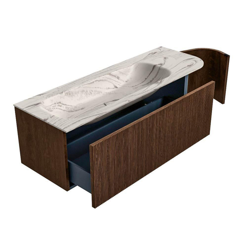 MONDIAZ KURVE-DLUX Meuble de salle de bains 135cm arrondi à droite couleur Walnut avec 1 tiroir et 1 porte. Lavabo BIG MEDIUM gauche sans trou de robinet Nata. SW1432194