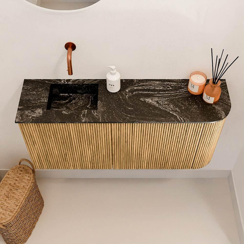 Mondiaz JOYA-DLUX 91.6cm meuble de salle de bains WC - arrondi droit couleur Chêne - Vasque FAYE position Gauche Sans trou de robinet couleur Lava SW1422076