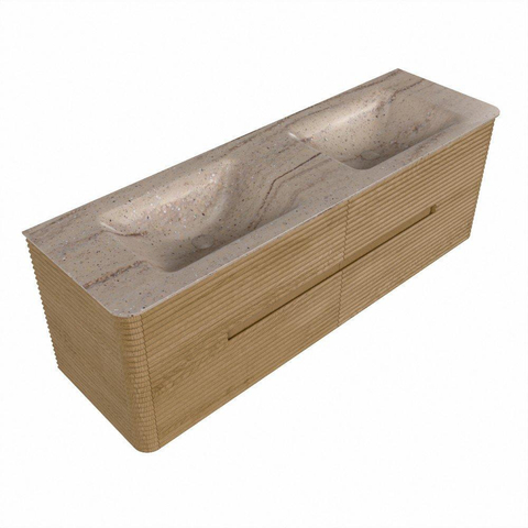Mondiaz CIRO-DLUX Badkamermeubelset - 150x45x50cm - Solid surface wastafel Saba - 2 wasbak Dubbel - 2 kraangaten - 4 lades - Oak SW1531230