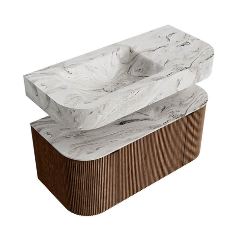 MONDIAZ THOR-DLUX Meuble de salle de bains - 100cm - arrondi gauche + droite - couleur Walnut - 1 tiroir - 2 portes - Vasque suspendue CLOUD Gauche 1 trou de robinet - couleur Glace SW1467370