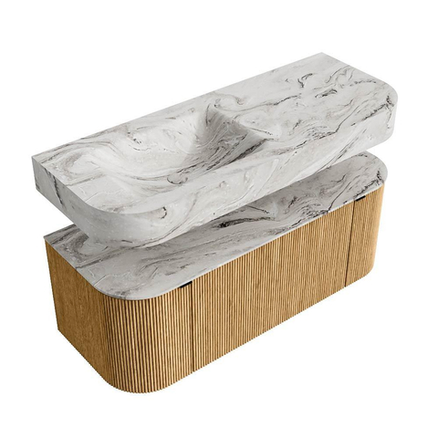 MONDIAZ THOR-DLUX 120cm meuble de salle de bains arrondi gauche + droite couleur Chêne avec 1 tiroir et 2 portes. Vasque suspendue CLOUD Gauche 1 trou de robinet couleur Glace. SW1463070