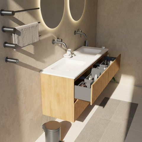 Saniclass Holz Atelier Badkamermeubelset - 140x45x77.5cm - Torino solid surface wastafel wit - zonder kraangat - 4 lades - mat eiken natural (hout) SW1478675