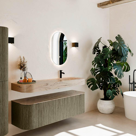 MONDIAZ THOR-DLUX 150cm meuble de salle de bains arrondi gauche + droite couleur Shadow avec 1 tiroir et 2 portes. Vasque suspendue CLOUD Droite 1 trou de robinet couleur Arena. SW1464745