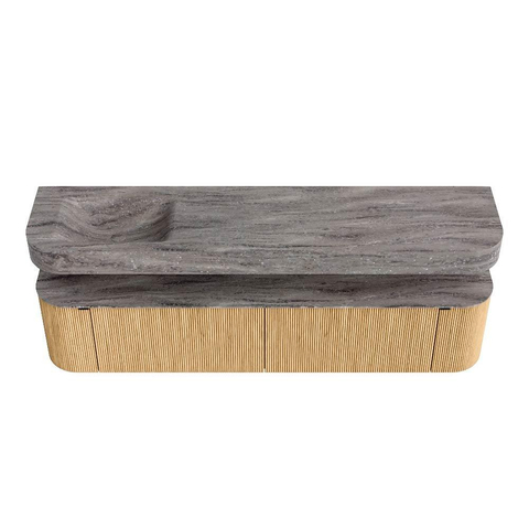 MONDIAZ THOR-DLUX 200cm meuble de salle de bains arrondi gauche + droite couleur Oak avec 2 tiroirs et 2 portes. Vasque suspendue CLOUD gauche sans trou de robinet couleur Oza. SW1467717