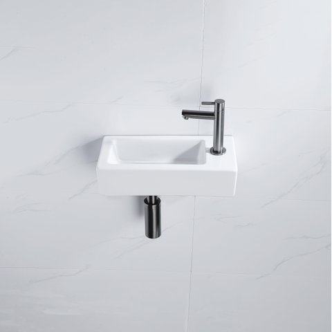 QeramiQ Fuente fonteinset – 37.5x18.5x9 cm – keramiek wit glans – kraangat rechts – kraan geborsteld gunmetal SW1232761