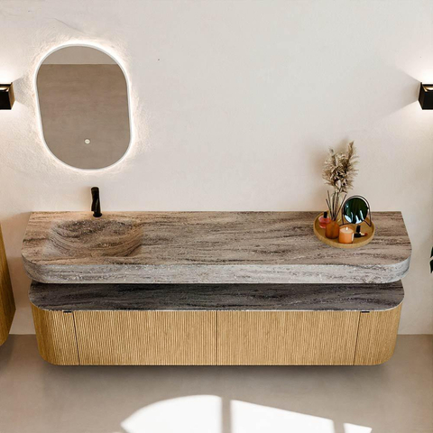 MONDIAZ THOR-DLUX Meuble de salle de bains - 200cm - arrondi gauche + droite - couleur Oak - 2 tiroirs et 2 portes - Vasque suspendue CLOUD Gauche 1 trou de robinet couleur Oza SW1467184