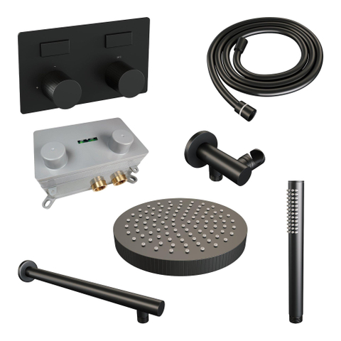 BRAUER Stripe Douche de tête thermostatique encastrée - boutons-poussoirs - SET 25 - pomme de douche 25cm - bras mural droit - douchette à main barre - flexible de douche - coude de raccord mural - noir mat SW1435153