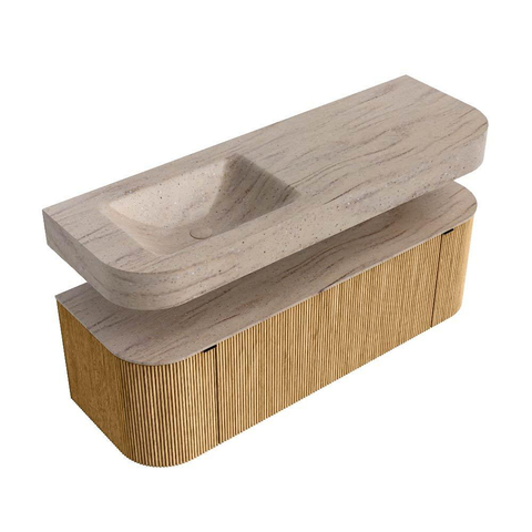MONDIAZ THOR-DLUX 140cm badmeubel ronding links + rechts kleur Oak met 1 lade en 2 deuren. Vrijhangende wastafel CLOUD Links zonder kraangat kleur Saba. SW1464300