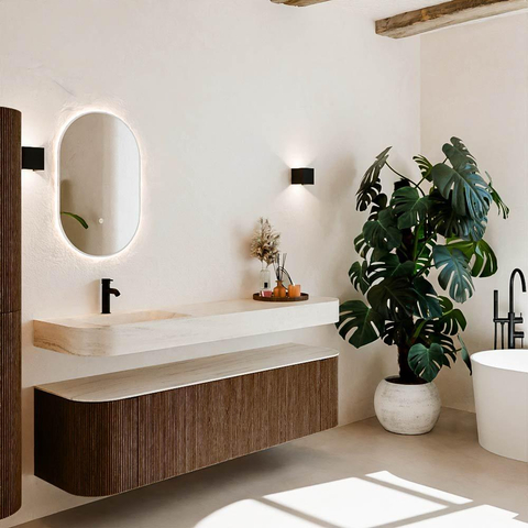 MONDIAZ THOR-DLUX 170cm meuble de salle de bains arrondi gauche + droite couleur Walnut avec 1 tiroir et 2 portes. Vasque suspendue CLOUD gauche 1 trou de robinet couleur Meli. SW1465744