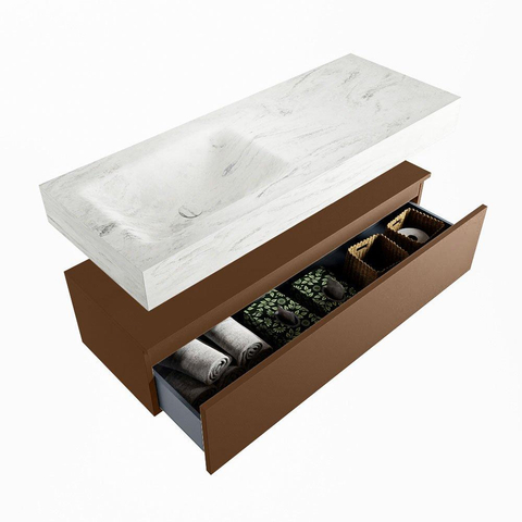 Mondiaz ALAN-DLUX Ensemble de meuble - 120cm - meuble Rust mat - 1 tiroir - Lavabo Cloud Opalo suspendu - vasque Gauche - 0 trous de robinet SW806773