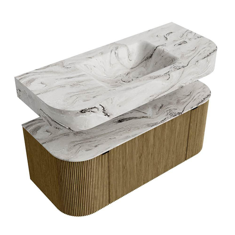 MONDIAZ THOR-DLUX 110cm badmeubel ronding links + rechts kleur Dusk met 1 lade en 2 deuren. Vrijhangende wastafel CLOUD Midden 1 kraangat kleur Glace. SW1462794