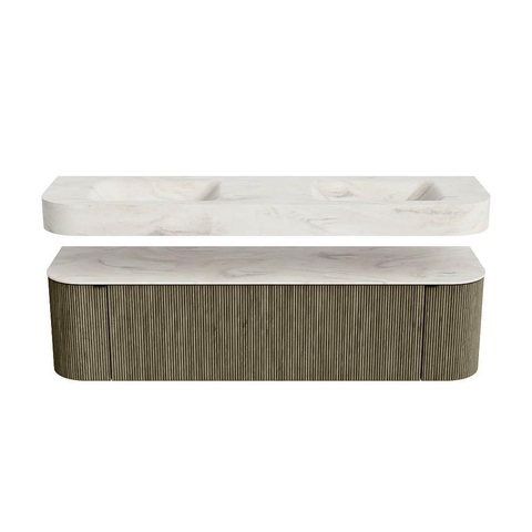 MONDIAZ THOR-DLUX Meuble de salle de bains - 170cm - arrondi gauche + droite - couleur Shadow - 1 tiroir - 2 portes - Vasque suspendue CLOUD Double sans trou de robinet - couleur Ostra SW1465534