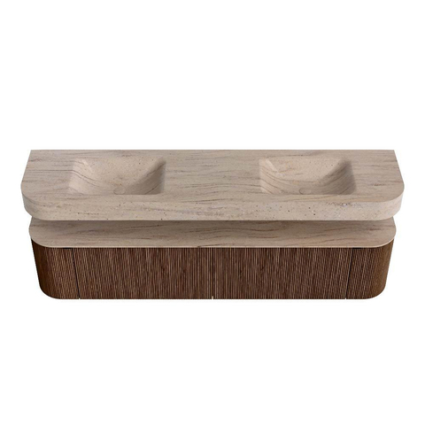 MONDIAZ THOR-DLUX Meuble de salle de bains - 200cm - arrondi gauche + droite - couleur Walnut - 2 tiroirs et 2 portes - Vasque suspendue CLOUD Double sans trou de robinet - couleur Saba SW1467217