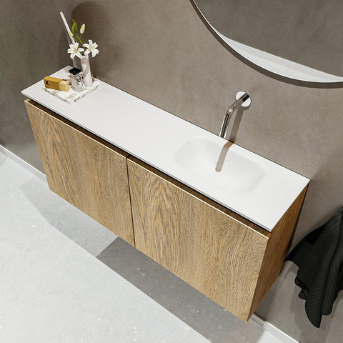 MONDIAZ TURE Fonteinset - 100x23x50cm - 0 kraangaten - 2 deuren - washed oak mat - Wasbak rechts - Solid Surface Wit SW475168