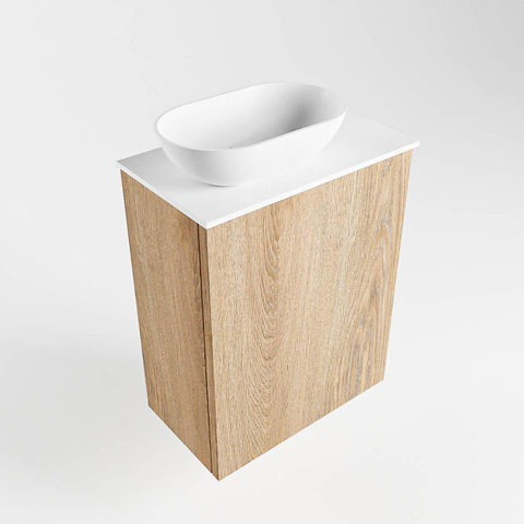Mondiaz Fowy Meuble WC - 40x50x23cm - chêne blanchi mat - 1 trou de robinet - lavabo à gauche - 1 porte - solid surface - plan Mélamine - lavabo : Blanc / Noir SW761433