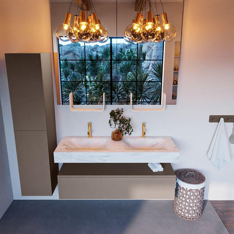 Mondiaz ALAN-DLUX Ensemble de meuble - 130cm - meuble Smoke mat - 1 tiroir - Lavabo Cloud Opalo suspendu - vasque Gauche et droite - 2 trous de robinet SW806394