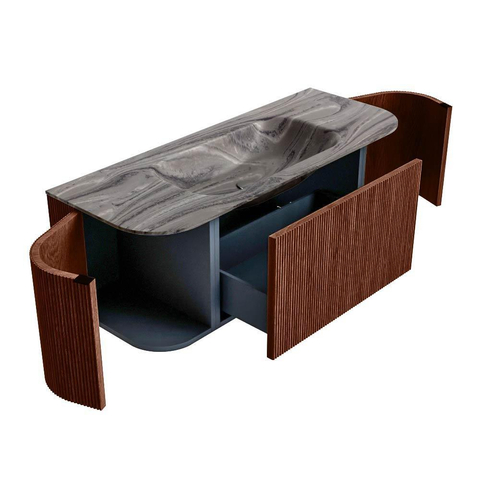MONDIAZ KURVE-DLUX meuble de salle de bains 120 cm arrondi Gauche + Droite couleur Ruby avec 1 tiroir et 2 portes. Vasque BIG SMALL au centre sans trou de robinet Sombra. SW1433929