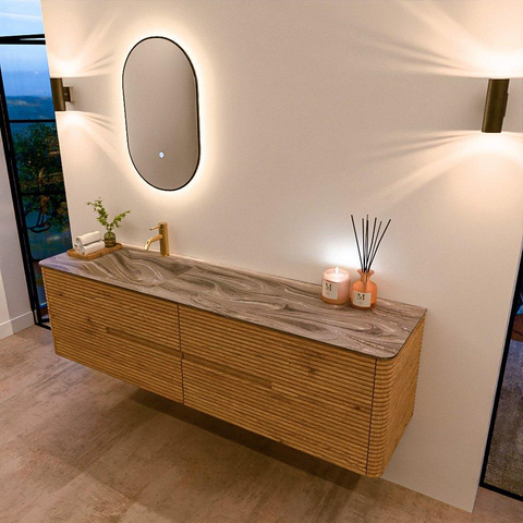 Mondiaz CIRO-DLUX Badkamermeubelset - 180x45x50cm - Solid surface wastafel Sombra - 1 wasbak Links - 1 kraangat - 4 lades - Oak SW1531321