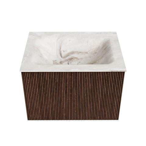 MONDIAZ KURVE-DLUX Meuble de salle de bains 60 cm couleur Walnut avec 1 tiroir. Lavabo CLOUD central sans trou de robinet couleur Frappe. SW1137412