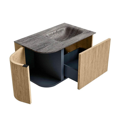 MONDIAZ KURVE-DLUX 75cm badmeubel ronding Links kleur Oak met 1 lade en 1 deur. Wastafel GRUNNE Rechts 1 kraangat Oza. SW1432610