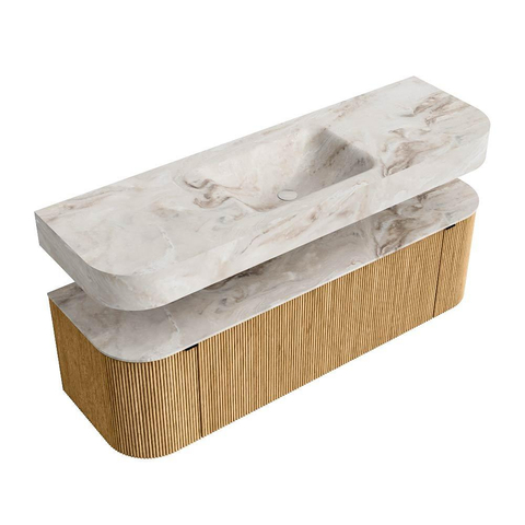 MONDIAZ THOR-DLUX 150cm meuble de salle de bains arrondi gauche + droite couleur Oak avec 1 tiroir et 2 portes. Vasque suspendue CLOUD Milieu sans trou de robinet couleur Frappe. SW1412302
