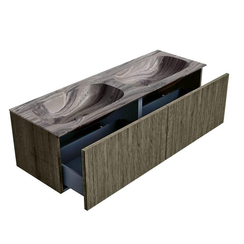 MONDIAZ KURVE-DLUX Meuble de salle de bains 140cm couleur Shadow avec 2 tiroirs et 0 porte. Lavabo STOR SMALL Double sans trou de robinetterie Sombra. SW1433800