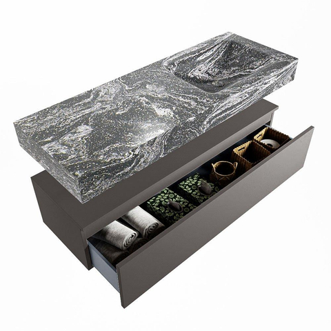 Mondiaz ALAN-DLUX Ensemble de meuble - 130cm - meuble Dark grey mat - 1 tiroir - Lavabo Cloud Lava suspendu - vasque droite - 0 trous de robinet SW807992