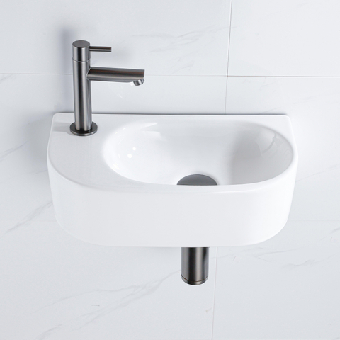 QeramiQ Fuente pack lave-mains – 40 x 21,5 x 12 cm – céramique blanc brillant – perçage à gauche – robinet gunmetal SW1232825