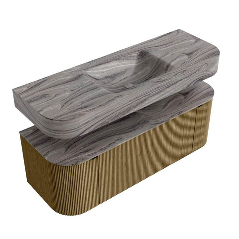MONDIAZ THOR-DLUX 130cm meuble de salle de bains arrondi gauche + droite couleur Dusk avec 1 tiroir et 2 portes. Vasque suspendue CLOUD Milieu 1 trou de robinet couleur Sombra. SW1464085