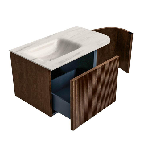 MONDIAZ KURVE-DLUX Meuble de salle de bains 75cm arrondi Droite couleur Walnut avec 1 tiroir et 1 porte. Lavabo GRUNNE Gauche sans trou de robinet Meli. SW1432027