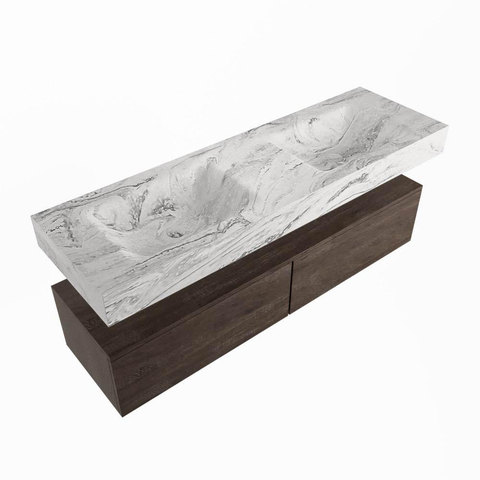 Mondiaz ALAN-DLUX Ensemble de meuble de salle de bains - 150x46cm - 2 tiroirs - lavabo suspendu - sans trous de robinet - 2 double - Dark brown (chêne foncé) SW1412151