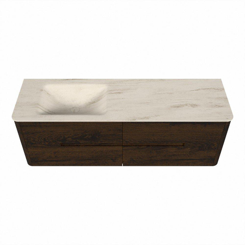 Mondiaz CIRO-DLUX Meuble de salle de bains - 150x45x50cm - Plan-vasque solid surface Meli - 1 vasque à gauche - 1 trou de robinet - 4 tiroirs - Noyer SW1530519