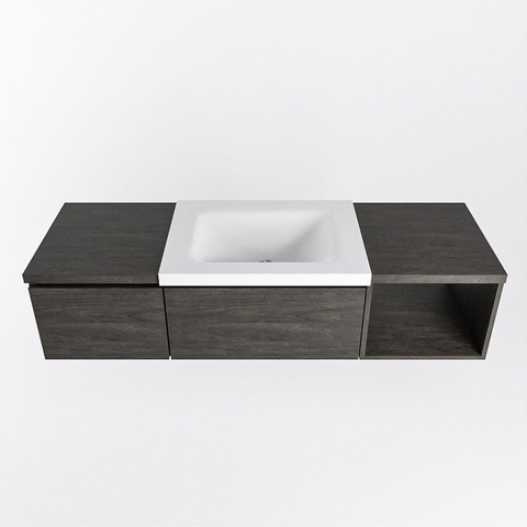 MONDIAZ BUKLA meuble de salle de bain 140 cm avec module ouvert 40 à droite couleur Marron Foncé avec 2 tiroirs. Lavabo CLOUD centre 1 trou de robinet couleur Talc. SW1381968