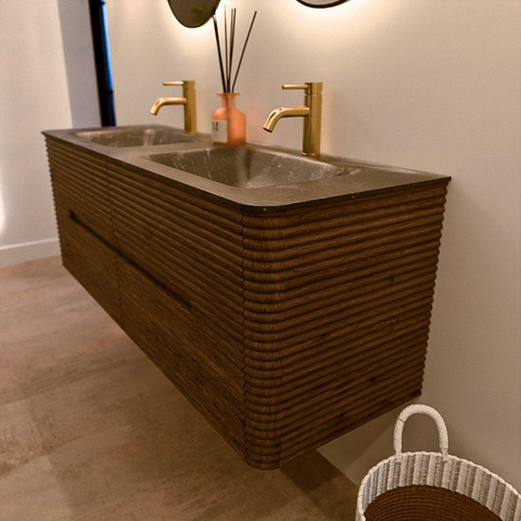 Mondiaz CIRO-DLUX Badkamermeubelset - 140x45x50cm - Solid surface wastafel Lava - 2 wasbak Dubbel - 2 kraangaten - 4 lades - Dusk SW1533041