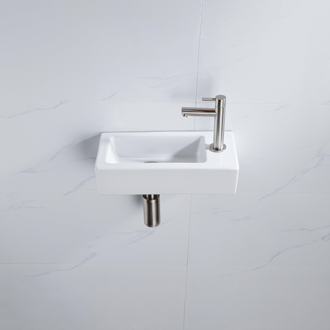 QeramiQ Fuente pack lave-mains – 37,5 x 18,5 x 9 cm – céramique blanc brillant – perçage à droite – robinet inox brossé SW1232744
