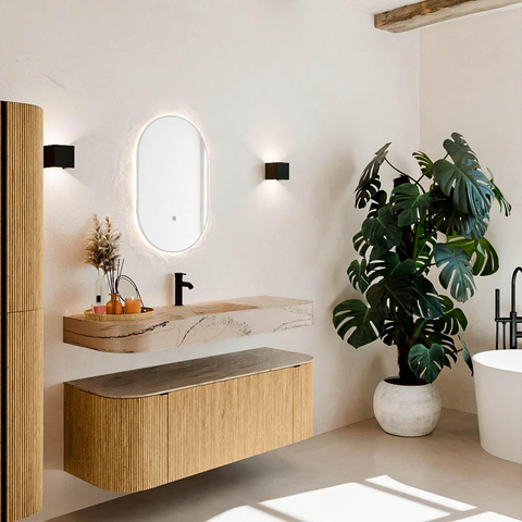 MONDIAZ THOR-DLUX Meuble de salle de bains 130cm arrondi gauche + droite couleur Oak avec 1 tiroir et 2 portes. Vasque suspendue CLOUD Milieu 1 trou de robinet couleur Arena. SW1463755