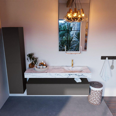 Mondiaz ALAN-DLUX Ensemble de meuble - 150cm - meuble Dark grey mat - 1 tiroir - Lavabo Cloud Glace suspendu - vasque Droite - 1 trou de robinet SW805576