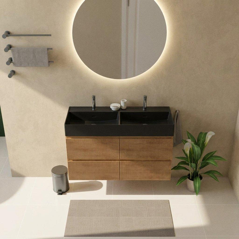 Saniclass Holz Atelier Ensemble meuble de salle de bains - 120x45x60cm - lavabo en céramique noir mat - 2 vasques - 2 trous de robinet - 2 tiroirs - chêne naturel mat (bois) SW1579642