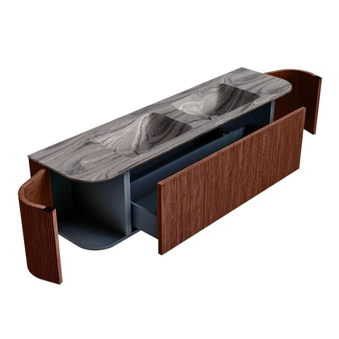 MONDIAZ KURVE-DLUX 170cm badmeubel ronding Links + Rechts kleur Ruby met 1 lade en 2 deuren. Wastafel LEAF Dubbel zonder kraangat Sombra. SW1433982