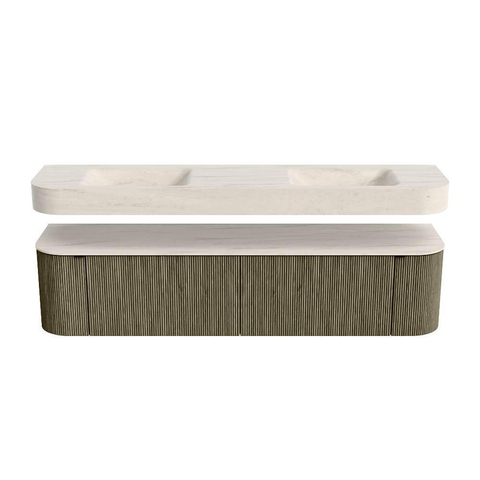 MONDIAZ THOR-DLUX 190cm meuble de salle de bains arrondi gauche + droite couleur Shadow avec 2 tiroirs et 2 portes. Vasque suspendue CLOUD Double sans trou de robinet couleur Meli. SW1466756