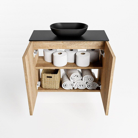 Mondiaz Fowy Meuble de toilette - 60x50x23cm - chêne blanchi mat - 0 trous de robinet - lavabo centré - 2 portes - solid surface - plan Mélamine - lavabo : noir SW761445
