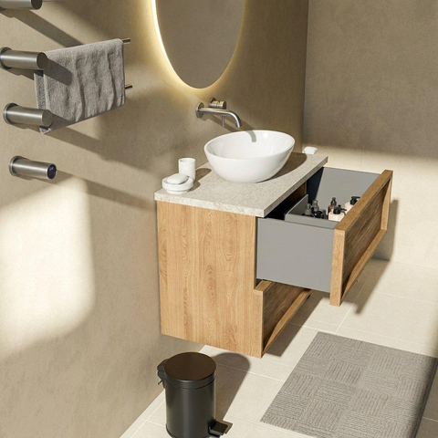 Saniclass Holz Frame Badkamermeubelset - 80x45x63cm - Travertine natuurstenen topblad - zonder kraangat - 2 lades - mat eiken natural (hout) SW1580026