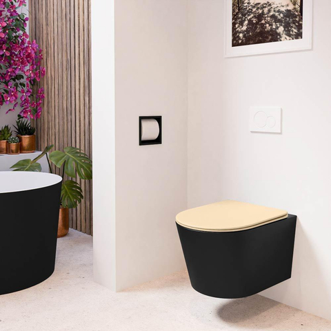 Mondiaz LAVIE hangtoilet – spoelrandloos – 36 x 53 cm – met softclose zitting – Urban (zwart), zitting Sand (beige) SW1208778