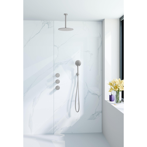 Fortifura Nebbio Ensemble de douche pluie - robinet encastré - élément encastré - coude de raccordement mural - flexible de douche lisse - douchette ronde - bras de plafond 20cm - douche de tête 30cm - inox brossé PVD SW1447113