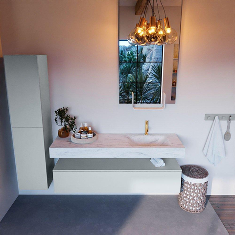 Mondiaz ALAN-DLUX Ensemble de meuble - 150cm - meuble Clay mat - 1 tiroir - Lavabo Cloud Opalo suspendu - vasque Droite - 1 trou de robinet SW807016