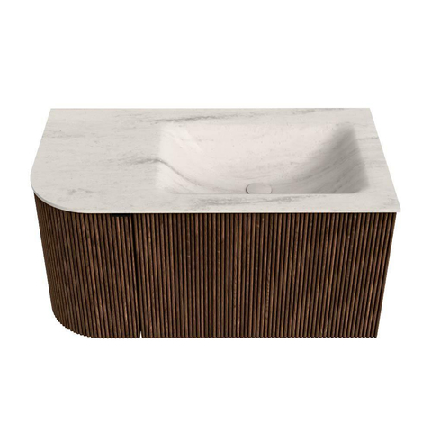 MONDIAZ KURVE-DLUX Meuble de salle de bains 85 cm arrondi à gauche couleur Walnut avec 1 tiroir et 1 porte. Lavabo CLOUD à droite 1 trou de robinet Meli. SW1432039