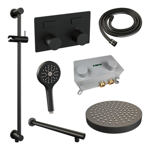 BRAUER Stripe Douche de pluie encastrée thermostatique - boutons-poussoirs - SET 34 - pomme de douche 25 cm - bras mural droit - douchette 3 jets - flexible de douche - barre de douche intégrée - noir mat SW1435162